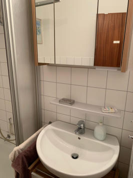Das Waschbecken mit Spiegelschrank